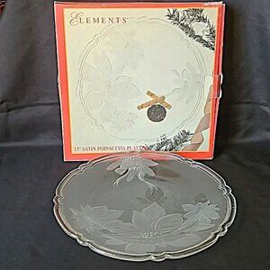 Elements Satin Poinsettia Christmas Platter 13-inch Heavy Glass in Box T18
